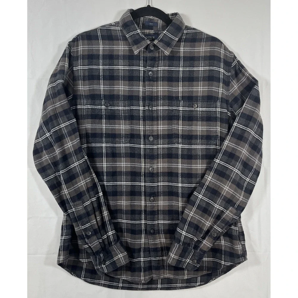 J. Crew Men Flannel Plaid Shirt 100% Cotton Button Down Gray Brown Slim Fit Sz L